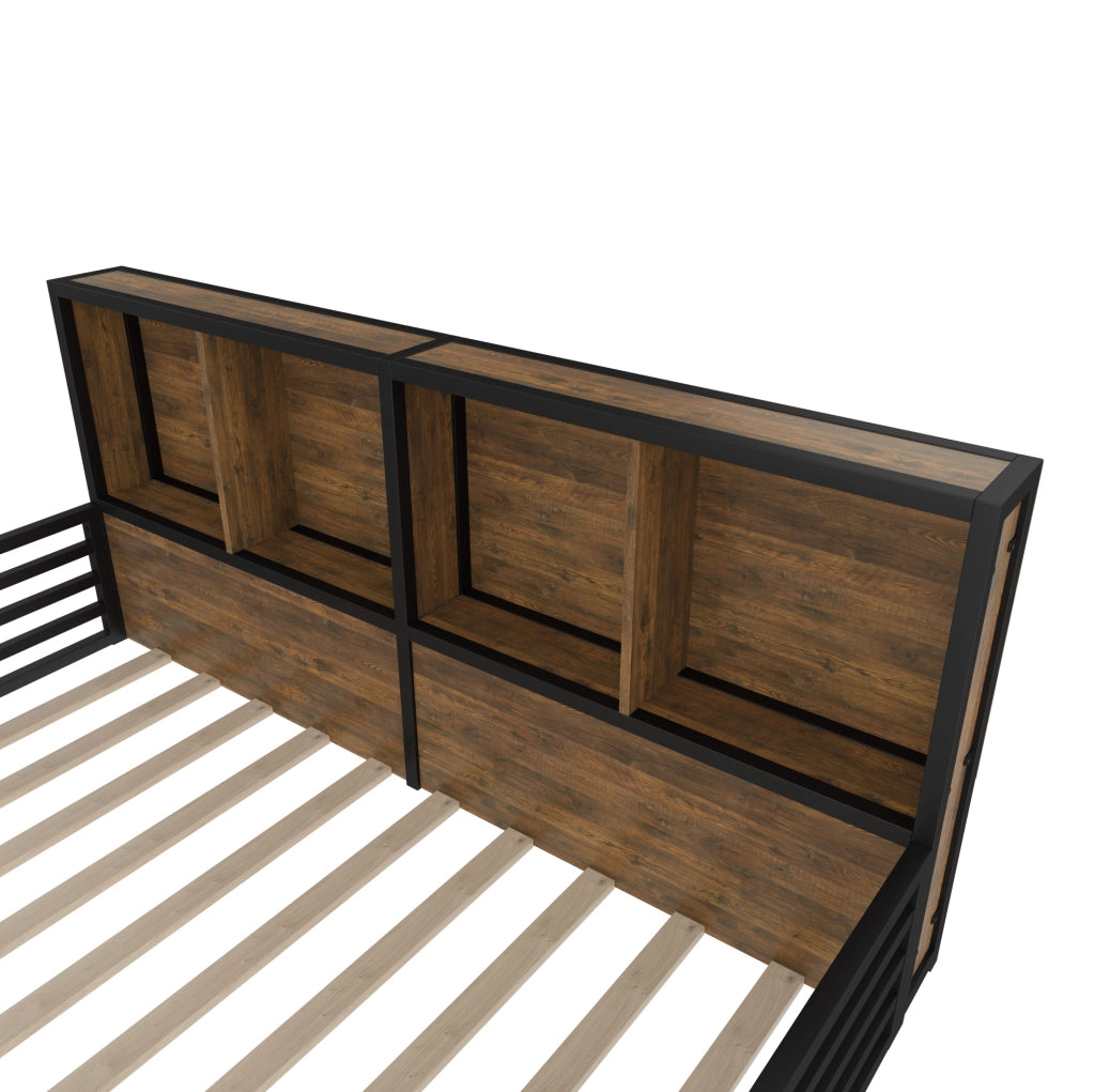 Letto 140x200 cm con LED; sponde e vani portaoggetti in MDF e metallo nero