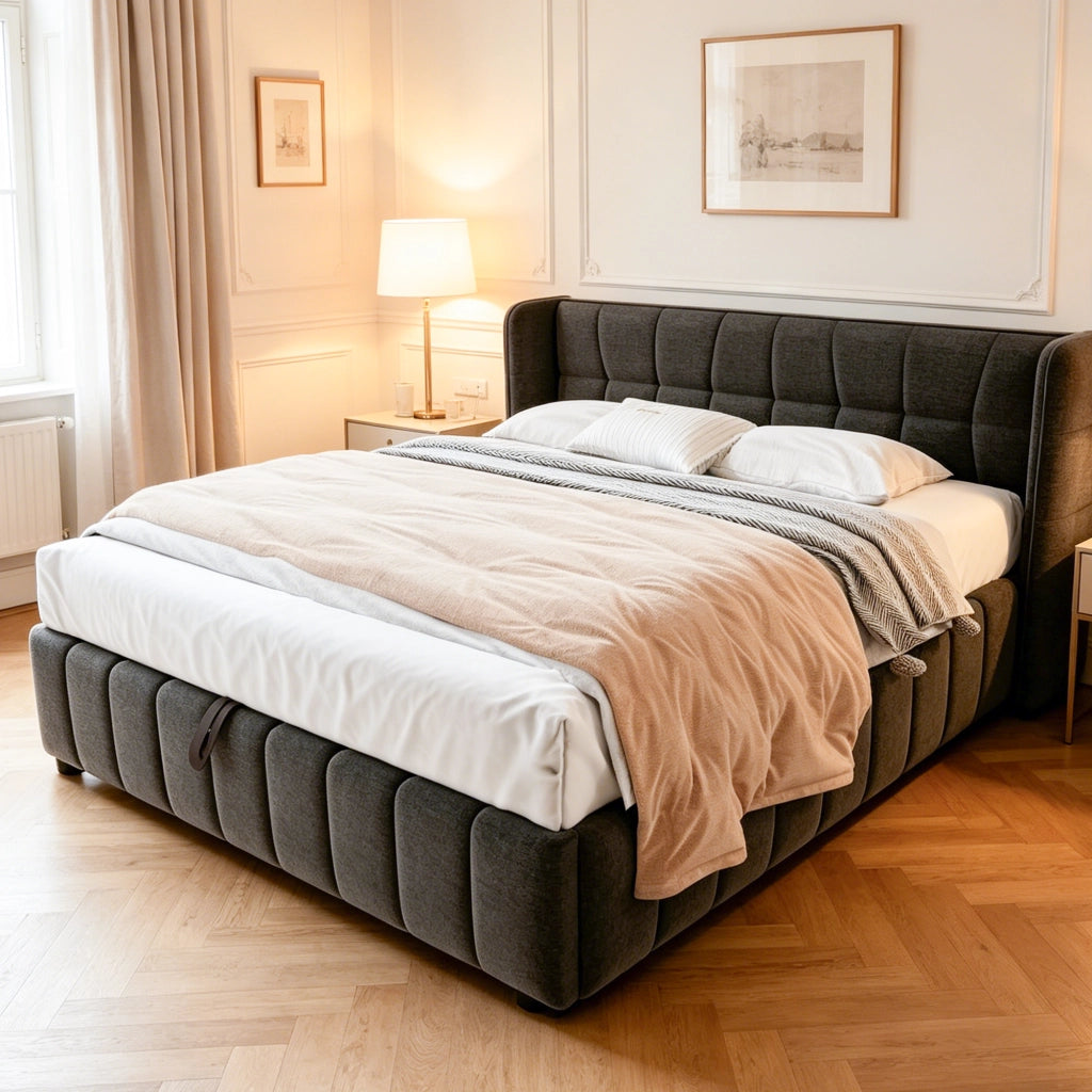 Letto contenitore 180 × 200 cm con sollevamento, senza materasso, per adulti, in tessuto e metallo, grigio