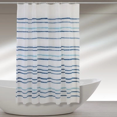 Tenda doccia 120x200cm in  acrilico bianco dalle righe azzurre con ganci