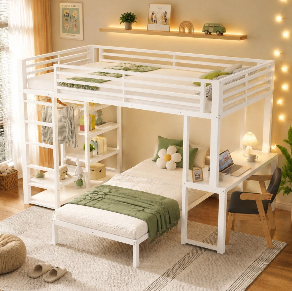 Letto a soppalco 90x200 cm con scrivania; ripiani e vano guardaroba; bianco in MDF e metallo