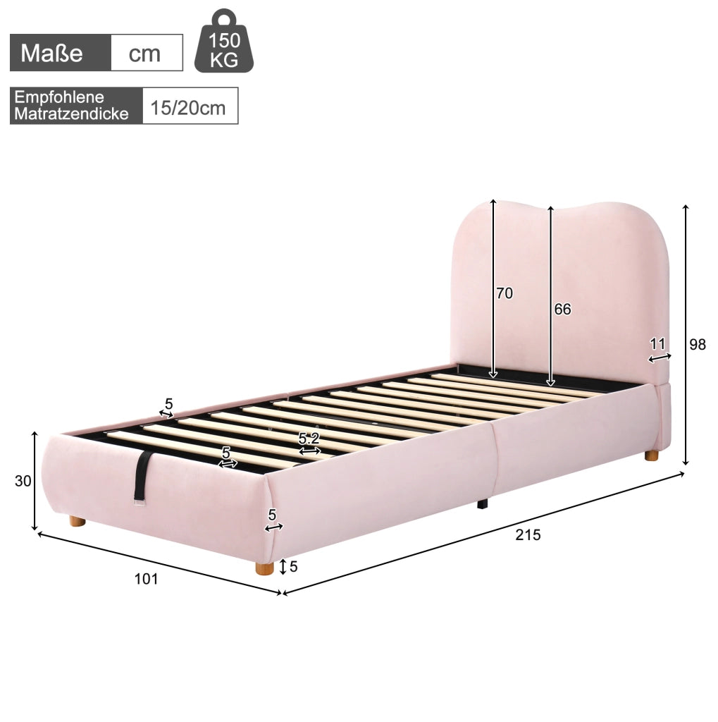 Letto imbottito con contenitore idraulico; rete a doghe; velluto rosa