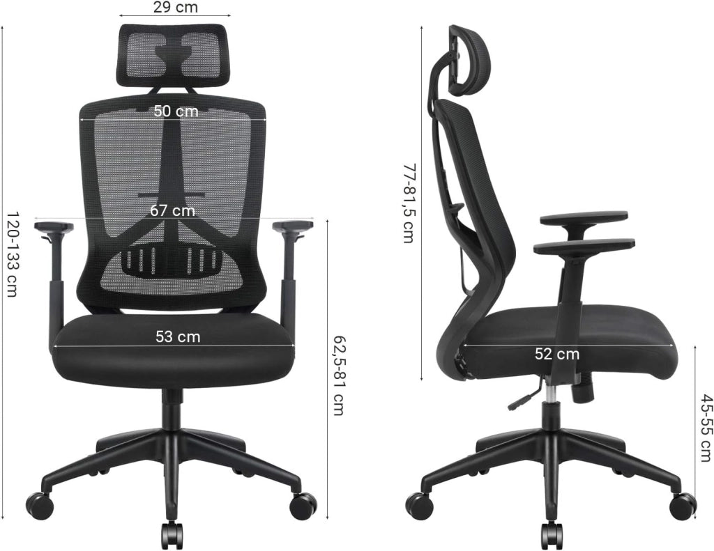 SONGMICS Sedia da Ufficio in Rete, Sedia Girevole con Meccanismo di Inclinazione, Braccioli Regolabili in Altezza, Poltrona Ergonomica con Supporto Lombare, capacità di Carico 120 kg, OBN53BK