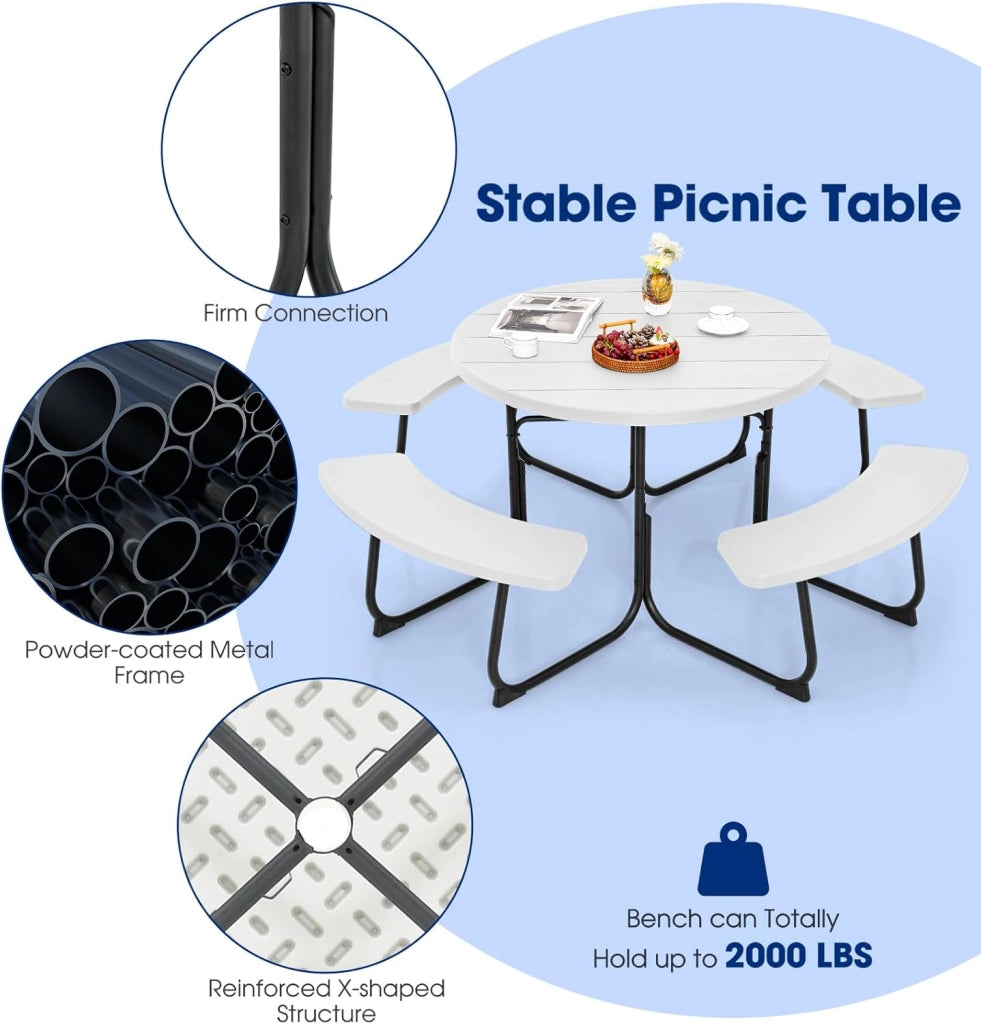 Set di Tavolo da Picnic Rotondo per 8 Persone, Set di Sedie e Tavolo con Foro per Ombrellone, Mobili da Giardino con 4 Panche, in HDPE e Metallo, φ190 x 76 cm (Bianco)