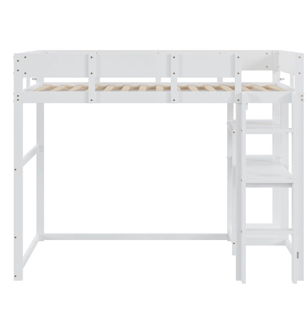 Letto a soppalco per bambini 90x200 cm con ripiano; in pino massello; bianco