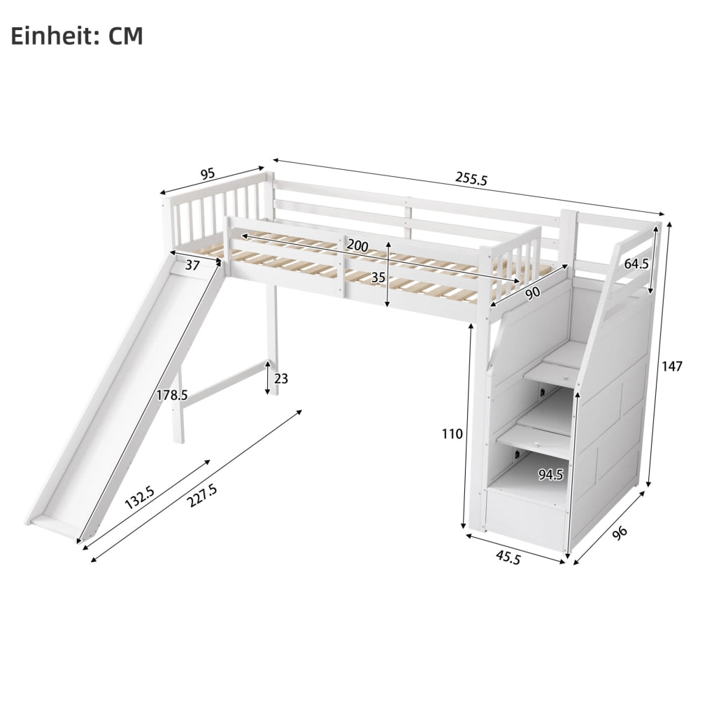 Letto a soppalco per bambini 90x200 cm con scivolo; scala contenitore; bianco