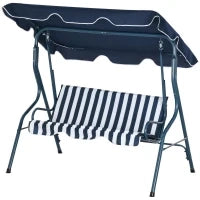 Dondolo da Giardino 3 Posti con Tetto Impermeabilizzato ad Inclinazione Regolabile, Cuscini per la Seduta, Schienale, Design a Righe, Bianco e Blu