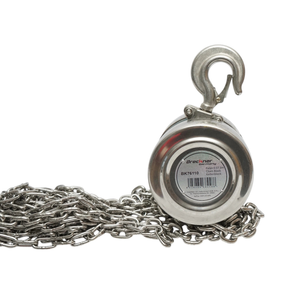 Paranco manuale in acciaio inox con catena da 3 m, carico massimo 500 kg, gancio di sicurezza. Breckner Germany