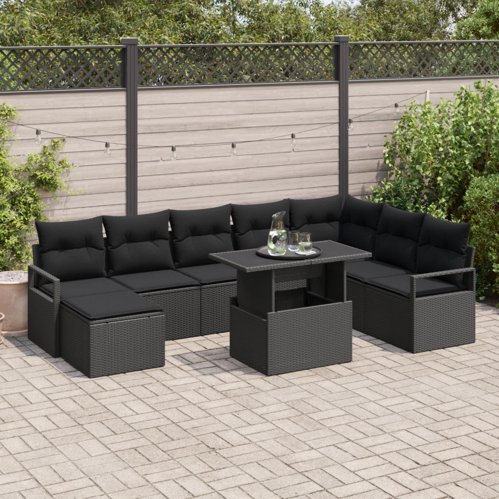 Set Divano da Giardino 9 Pezzi con Cuscini Nero Polyrattan