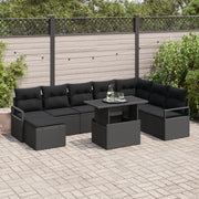 Set Divano da Giardino 9 Pezzi con Cuscini Nero Polyrattan
