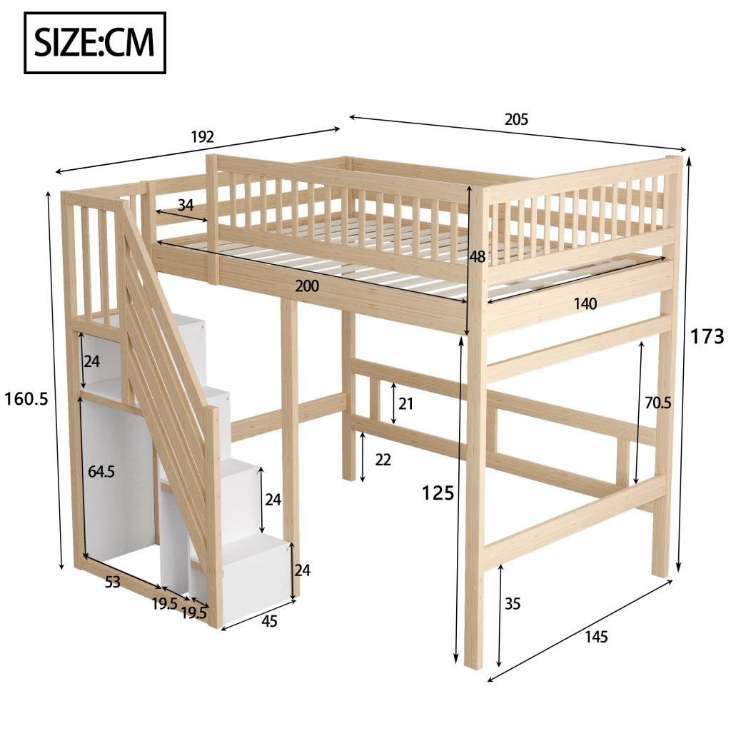 Letto a Soppalco Letto Matrimoniale con Scala Contenitore e Sponda Alta; 140 x 200 cm; senza Materasso