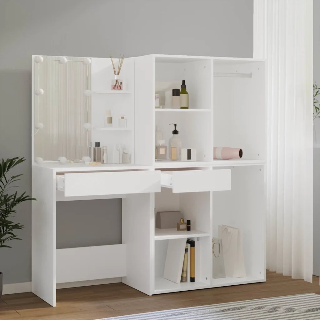 Toeletta | Tavolo da Trucco LED con 2 Armadietti in Legno Multistrato Bianco