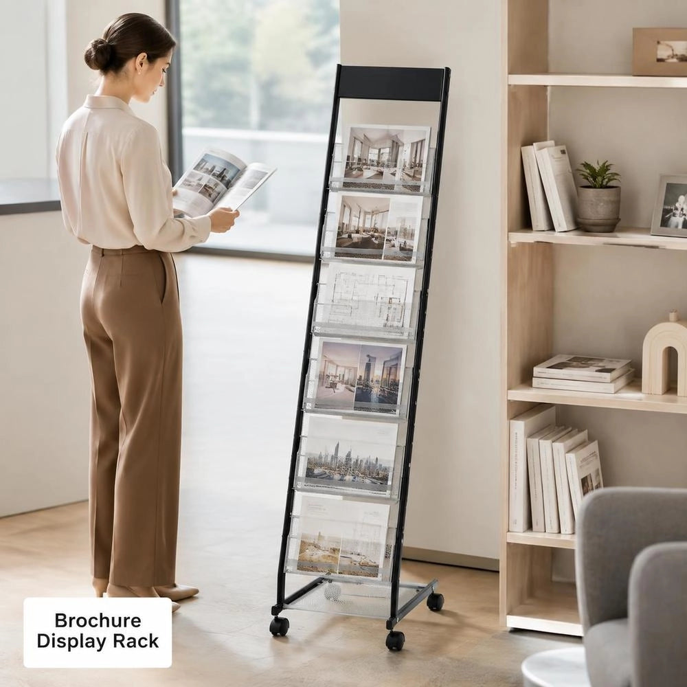 6 Tier Metal Brochure Display Rack With Wheels, Narrow Floor Standing Magazine Holder, Movable Catalog Newspaper Storage Stand For Store Office Exhibition