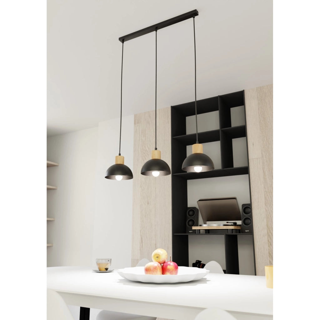 Lampada a sospensione Seco in acciaio nero e legno naturale