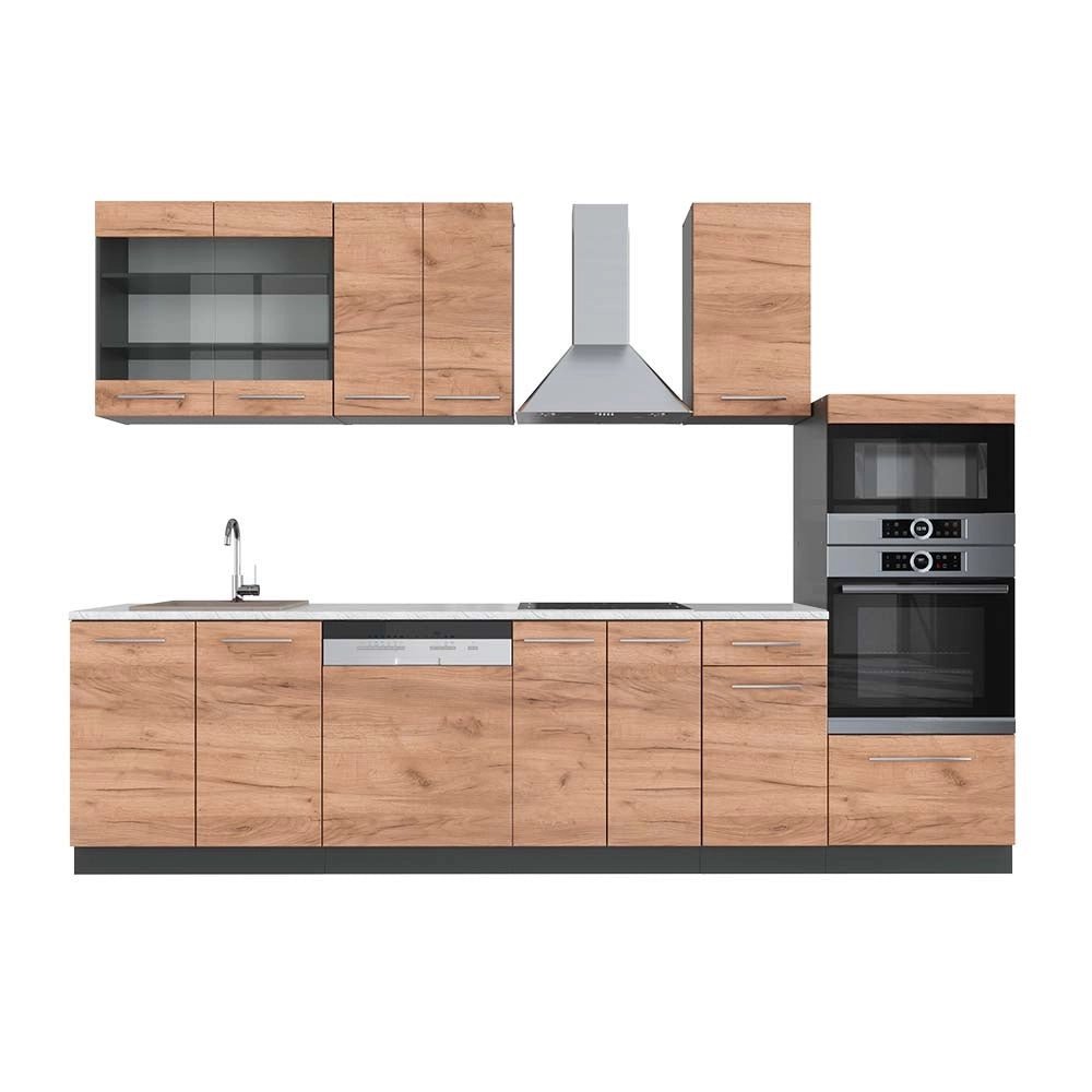 Cucina componibile Fame-Line Rovere dorato/Antracite 300 cm con armadio alto, PL Marmo Vicco