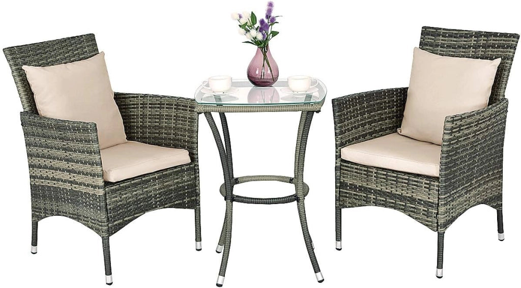 3 Pezzi Set Mobili da Giardino, Set da Esterno con Cuscini 2 Sedie e 1 Tavolino con Piano in Vetro, in Rattan PE, Ideale per Balcone Terrazza Giadino, Grigio