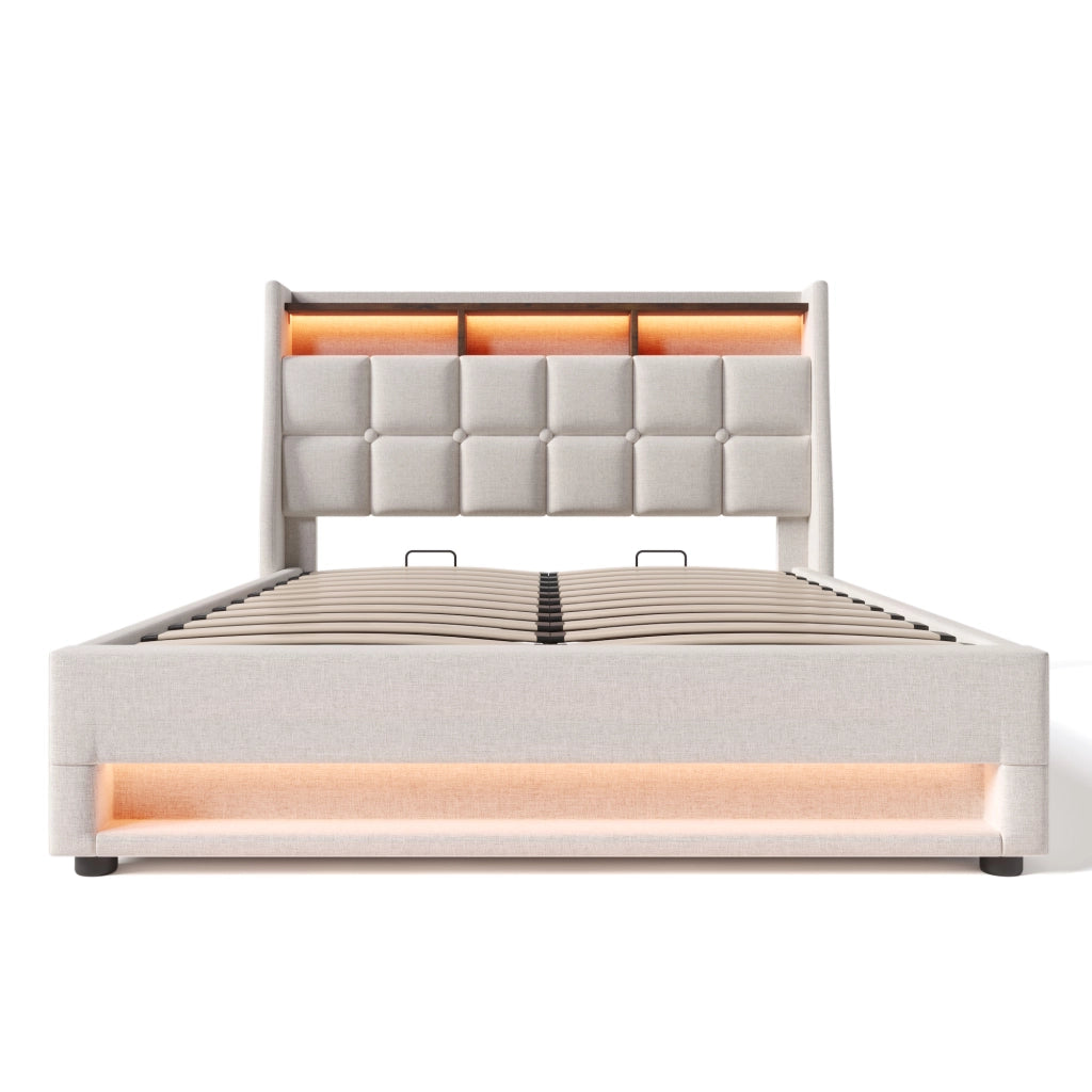 Letti contenitori 160x200 cm con LED e USB; in lino beige (Senza materasso)