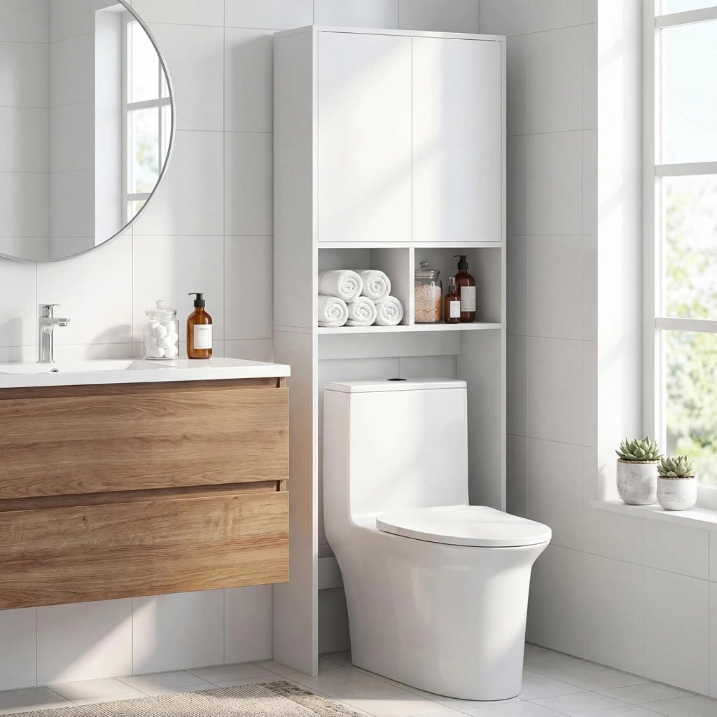 Mobile Bagno Sopra WC, Mobiletto Bagno Salvaspazio da Terra con 2 Ante, 2 Scomparti Aperti e Ripiano Regolabile, Scaffale Sopra Lavatrice per Lavanderia, 60 x 23 x 166 cm