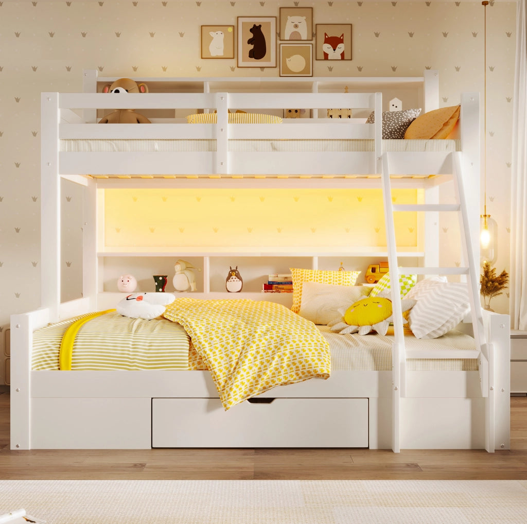 Letto a castello bianco 90x200/140x200 cm con LED e cassetto