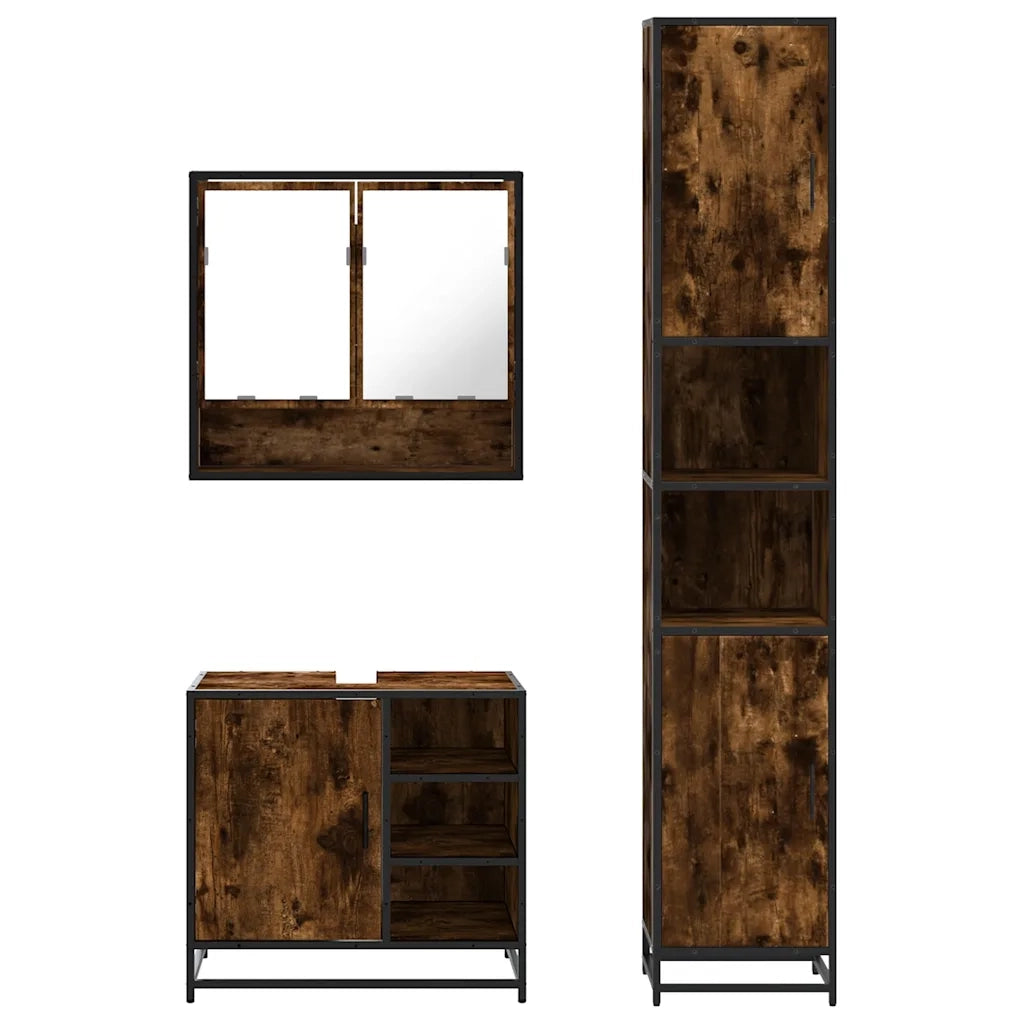 Set Mobili da Bagno 3 pz Rovere Fumo in Legno Multistrato