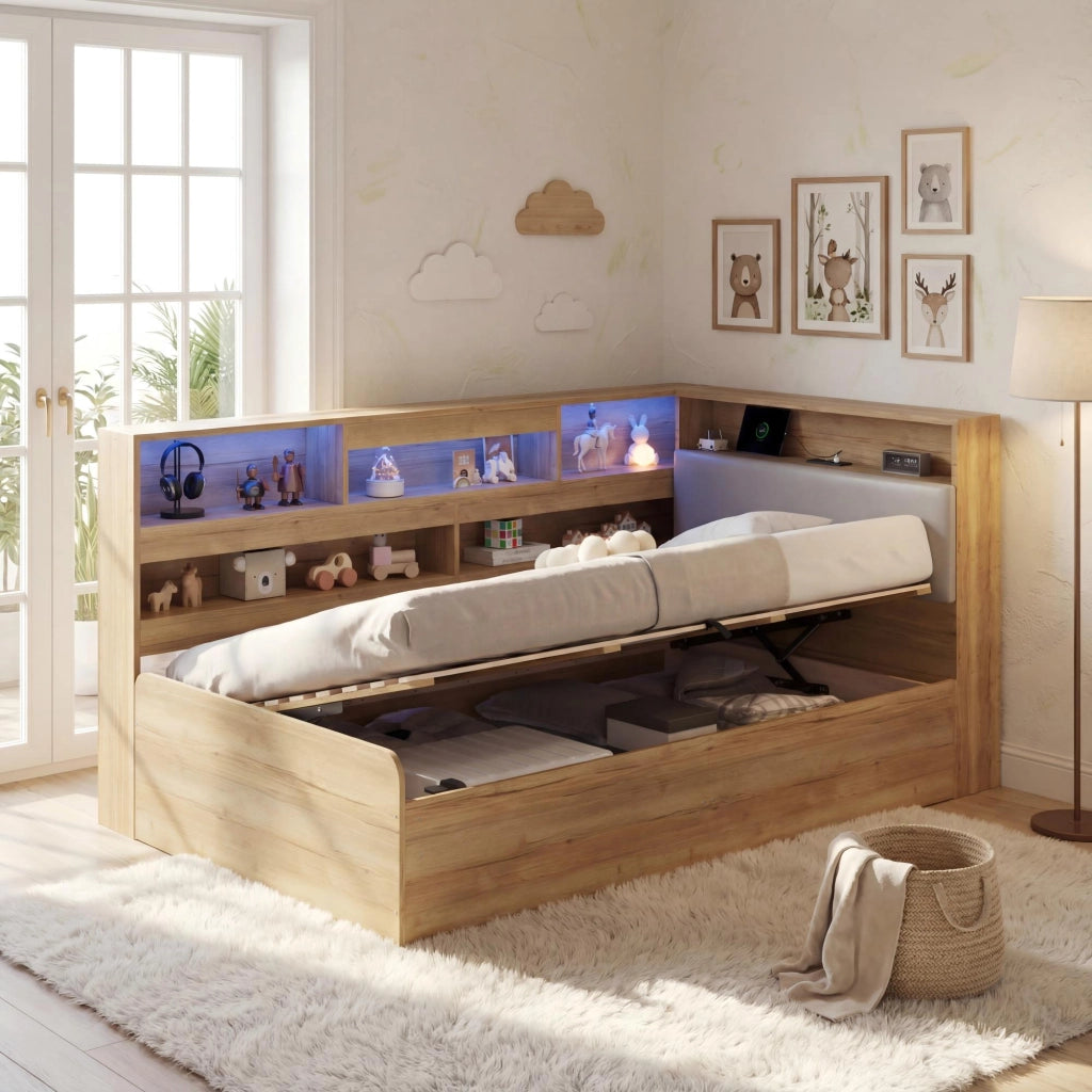 Letto Singolo Contenitore Idraulico con LED e USB ¨C MINIMAL ¨C Legno 90x200 Naturale