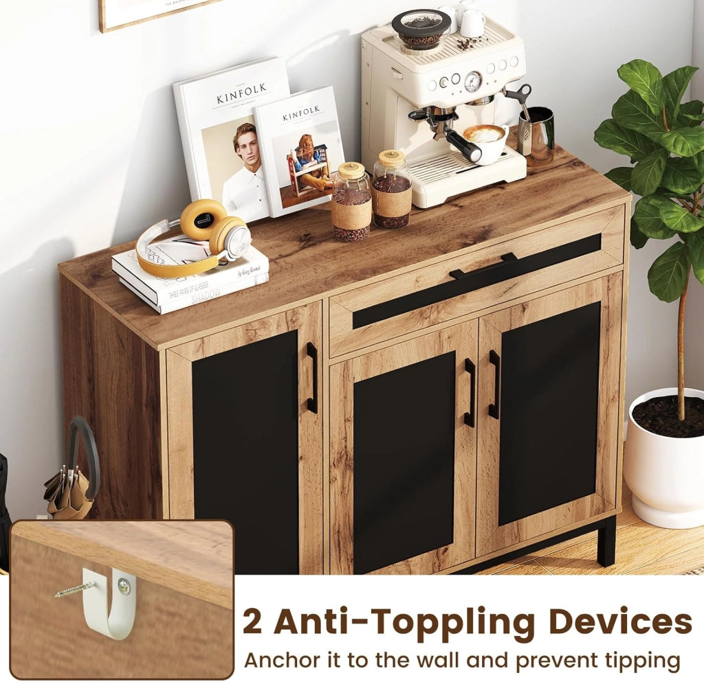 Credenza Buffet da 120 cm, Mobile Bar in Legno con Cassetto, 3 Ante, Ripiani e Gambe in Metallo, Mobile Contenitore in Stile Farmhouse per Cucina, Sala da Pranzo e Soggiorno