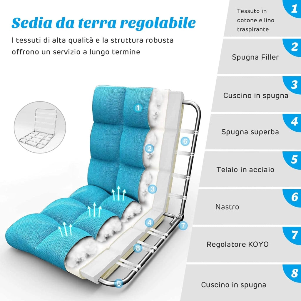 Sedia da Terra, Sedia da Pavimento con Posizioni Regolabili, Sedia Reclinabile Imbottita con Struttura in Acciaio Durevole, Facile da Conservare, Ideale per Salone Studio e Camera (Blu Pavone)