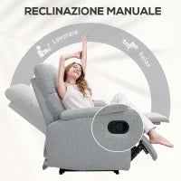 Poltrona Reclinabile Manualmente a 60° Extra Imbottita in Tessuto con Poggiapiedi, Grigio