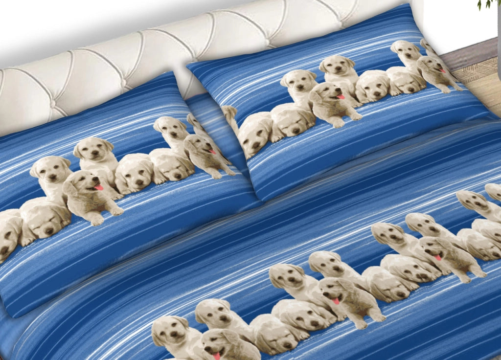 Completo Lenzuola Letto In 100% Cotone Made In Italy Vari Disegni C.N - Piazza E Mezza - Labrador Blu