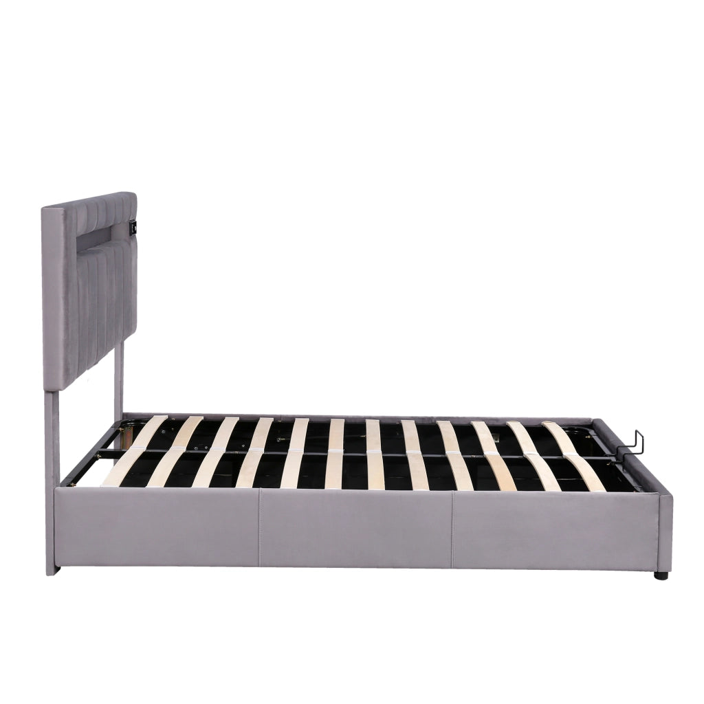 Letto imbottito grigio in velluto con LED; Bluetooth; USB e contenitore idraulico