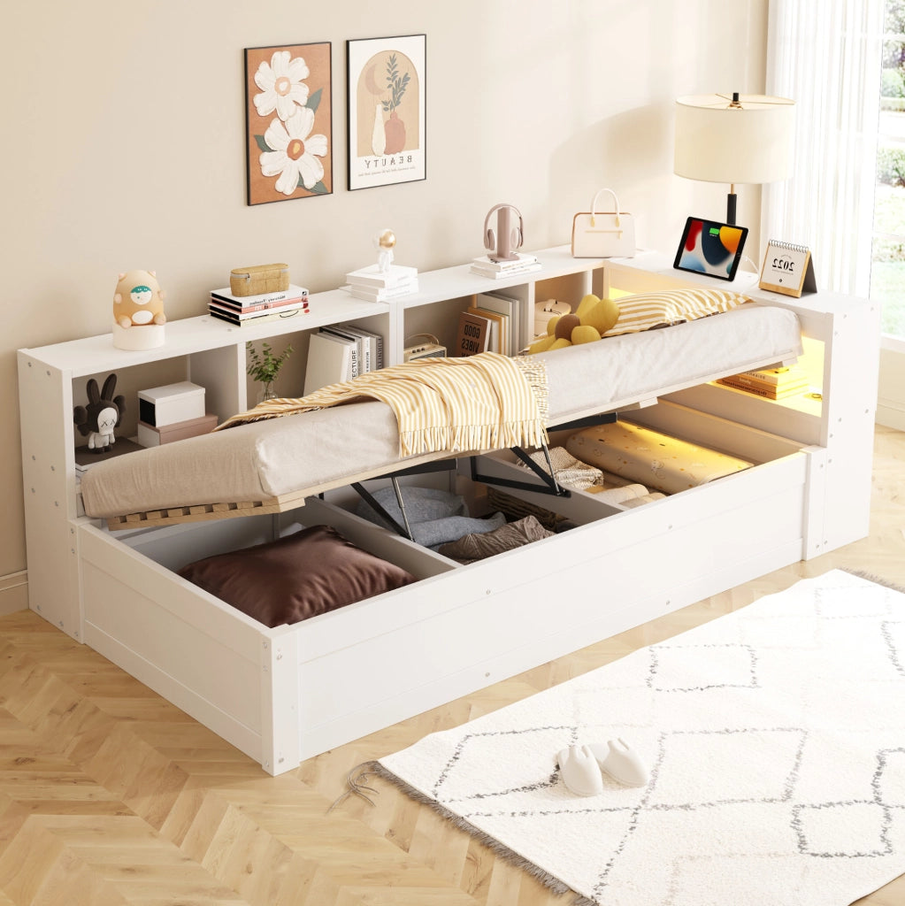 Letto multifunzione 90x200 cm in MDF bianco con presa integrata; luci LED e contenitore