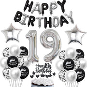 Decorazione di compleanno per 19 anni - Palloni di carta da 81 cm "19" - Decorazione per torta - Bandiera di compleanno - Palloni di lattice - Palloni argentati - Palloni di sterfolia - Decorazione di festa