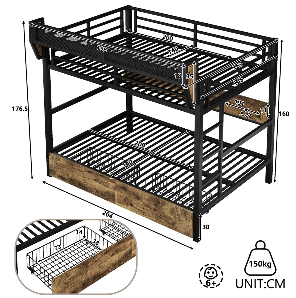 Letto a castello 204x163x176.5 cm con LED; cassetti e ripiano in MDF e metallo nero