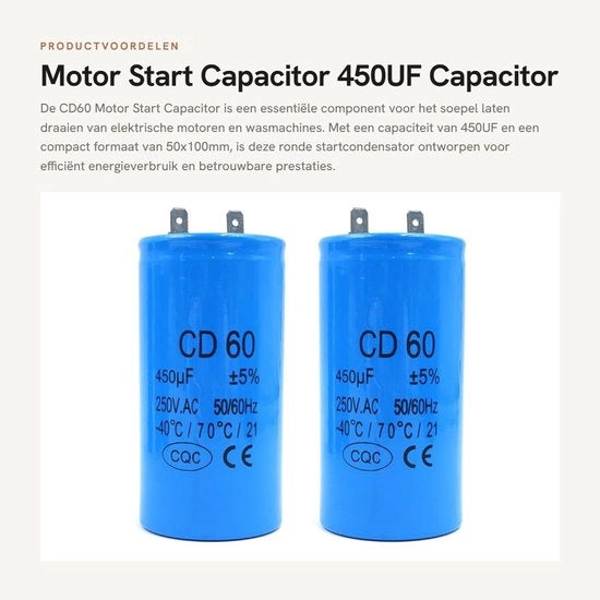Capacitore di Avvio per Motori - 450UF - Capacitore per Lavatrici - Alta Qualità - Capacità Affidabile - Prestazioni Motori Efficiente
