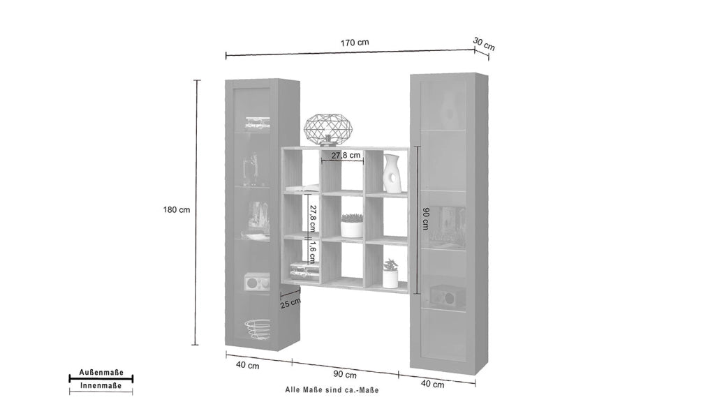 Parete Attrezzata Soggiorno 170x30x180 cm Maruska n°28 Grigio Antracite Opaco/Rovere Wotan