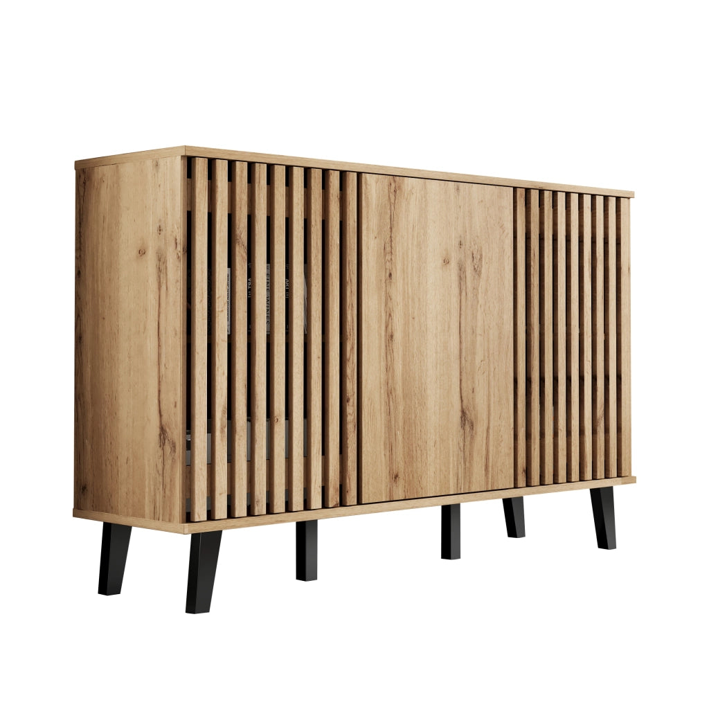 Credenza con 3 ante e 6 vani per soggiorno e ingresso in truciolare 150×40×95 cm rovere naturale