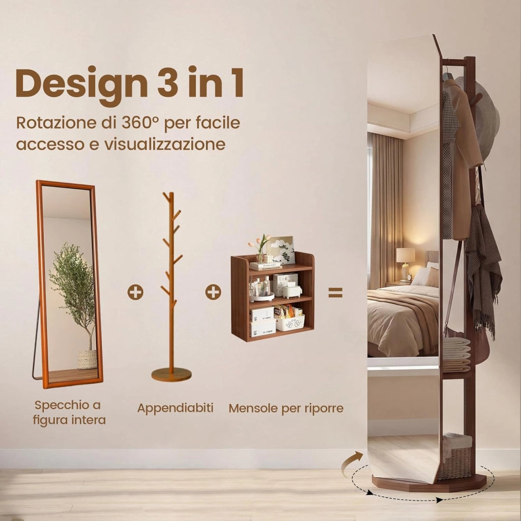 Appendiabiti Girevole a 360° con Specchio, Specchio a Figura Intera da Terra con Ripiani e Ganci, Appendiabiti per Soggiorno, Camera da Letto e Guardaroba (Stile 1)