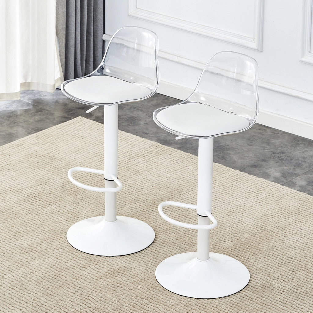 Set di 2 Sgabelli da Bar Regolabili Girevoli con Schienale Trasparente e Poggiapiedi; Metallo e Plastica; Bianco