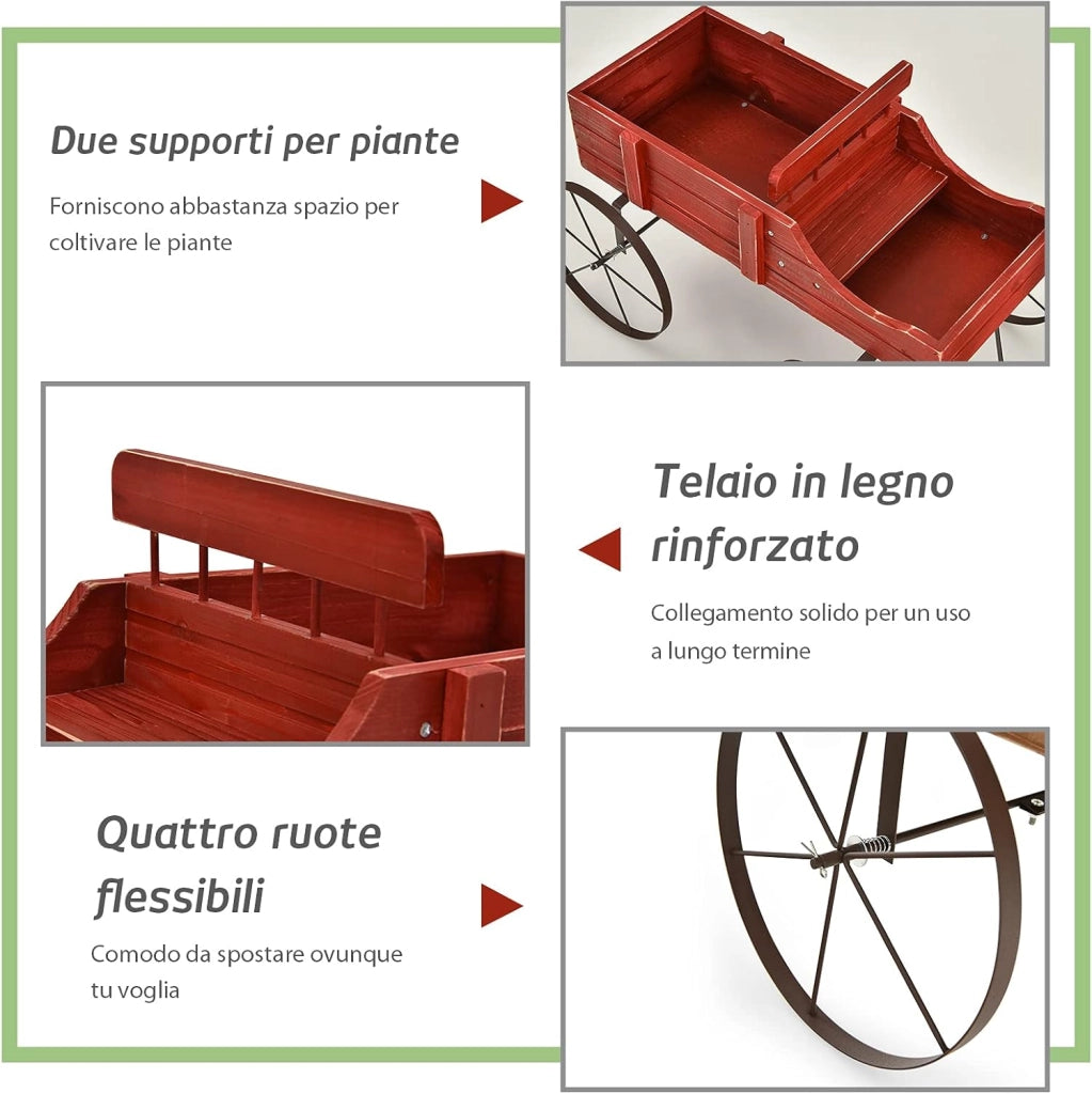 Carrettino di Legno Fioriera, Fioriera Decorativa con Ruote e 2 Sezioni per Piante, Porta Piante da Esterno per Giardino Cortile (rosso)