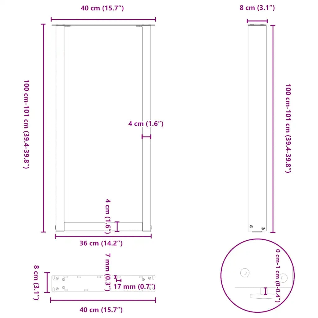 Gambe per tavolo da bar a forma di U 2 pz in acciaio naturale 40x(100-101) cm 4013231