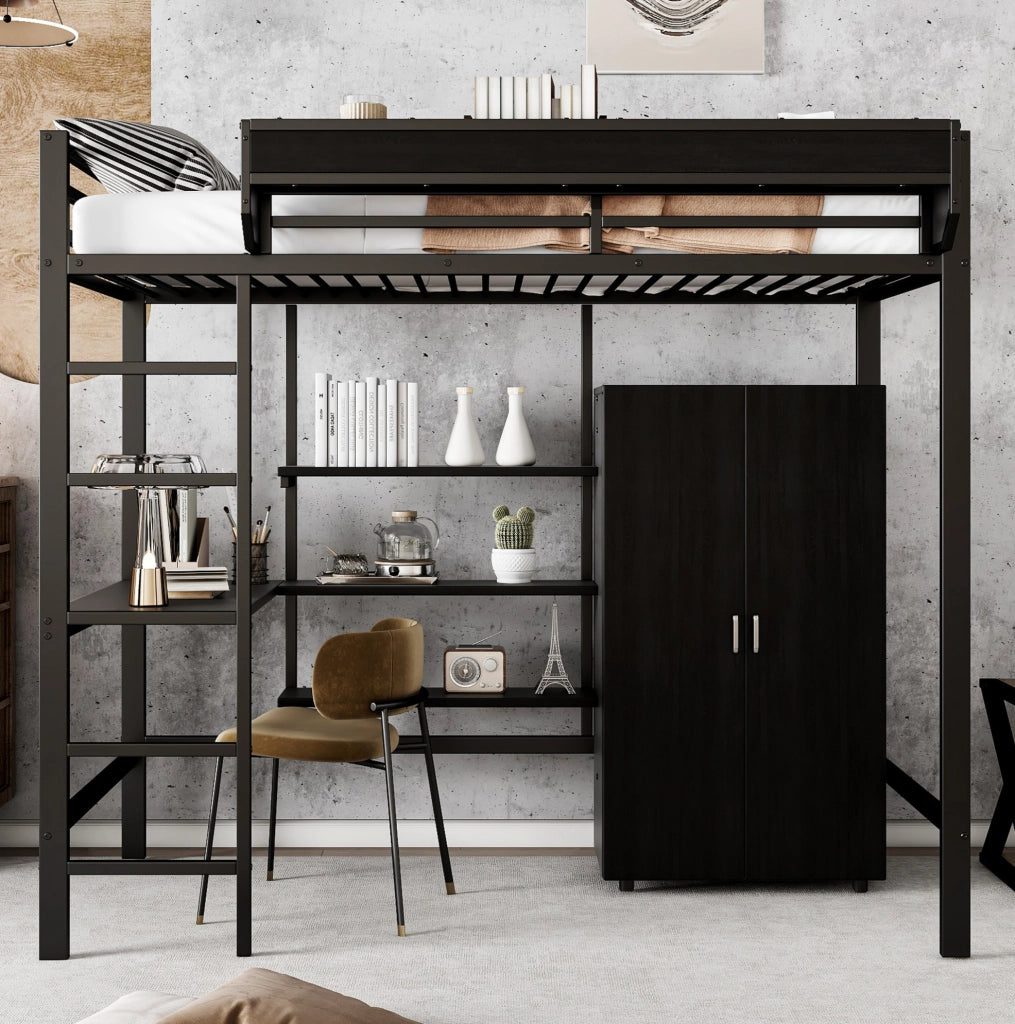 Letto a castello 90x200 cm con tavolo e armadio in metallo e pannello truciolare nero