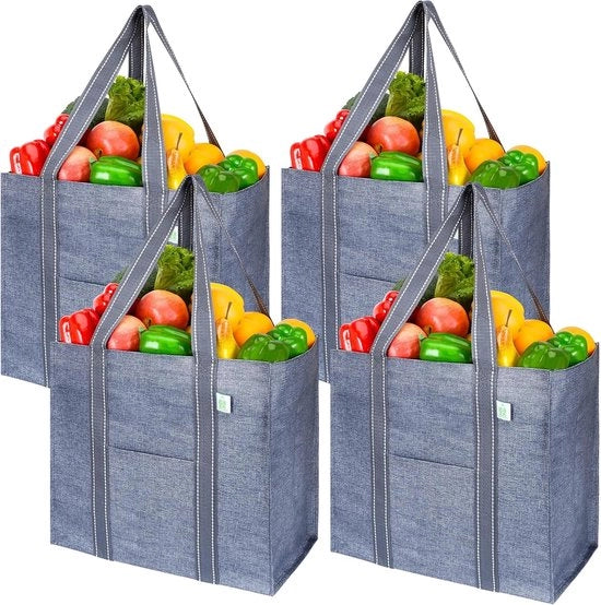 Set di 4 borse per spesa riutilizzabili con fondo rigido e tasca anteriore in grigio
