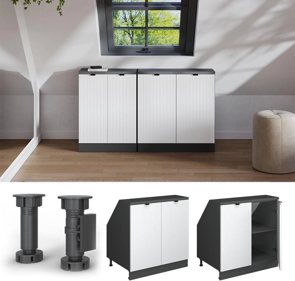 Mobile sottotetto Rion, Ondulazione bianca, 80 x 81.6 cm con 2 porte, carcassa 60 cm profondità, adatto per il salvaspazio sotto tetti spioventi