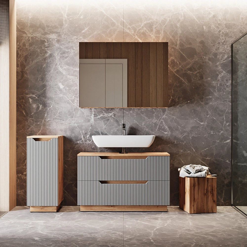 Vicco Set di mobili da bagno Rovere/grigio a righe 3 parti