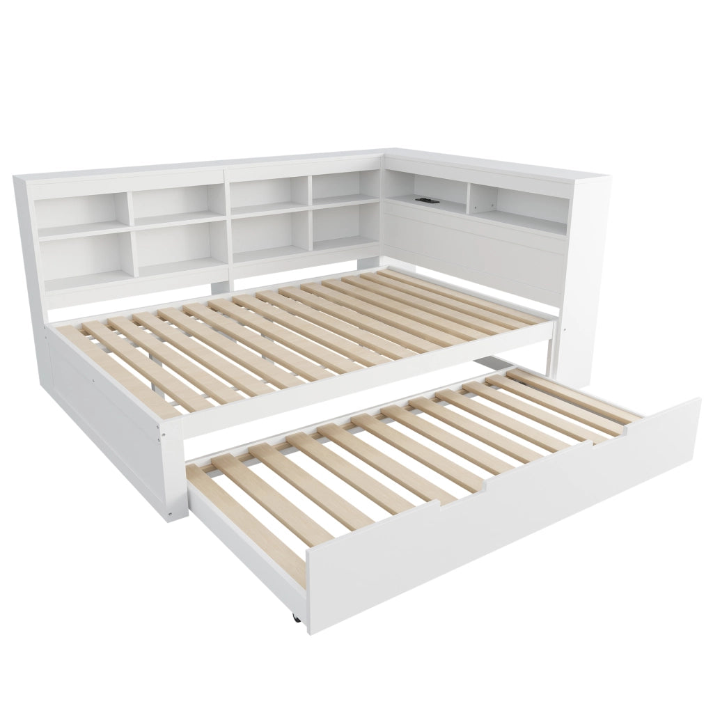 OKWISH Letto a Scomparsa 140×200 cm e 90×190 cm, Letto 3 Posti con USB, Vani Portaoggetti e Contenitori, senza Materasso, in Legno, Bianco