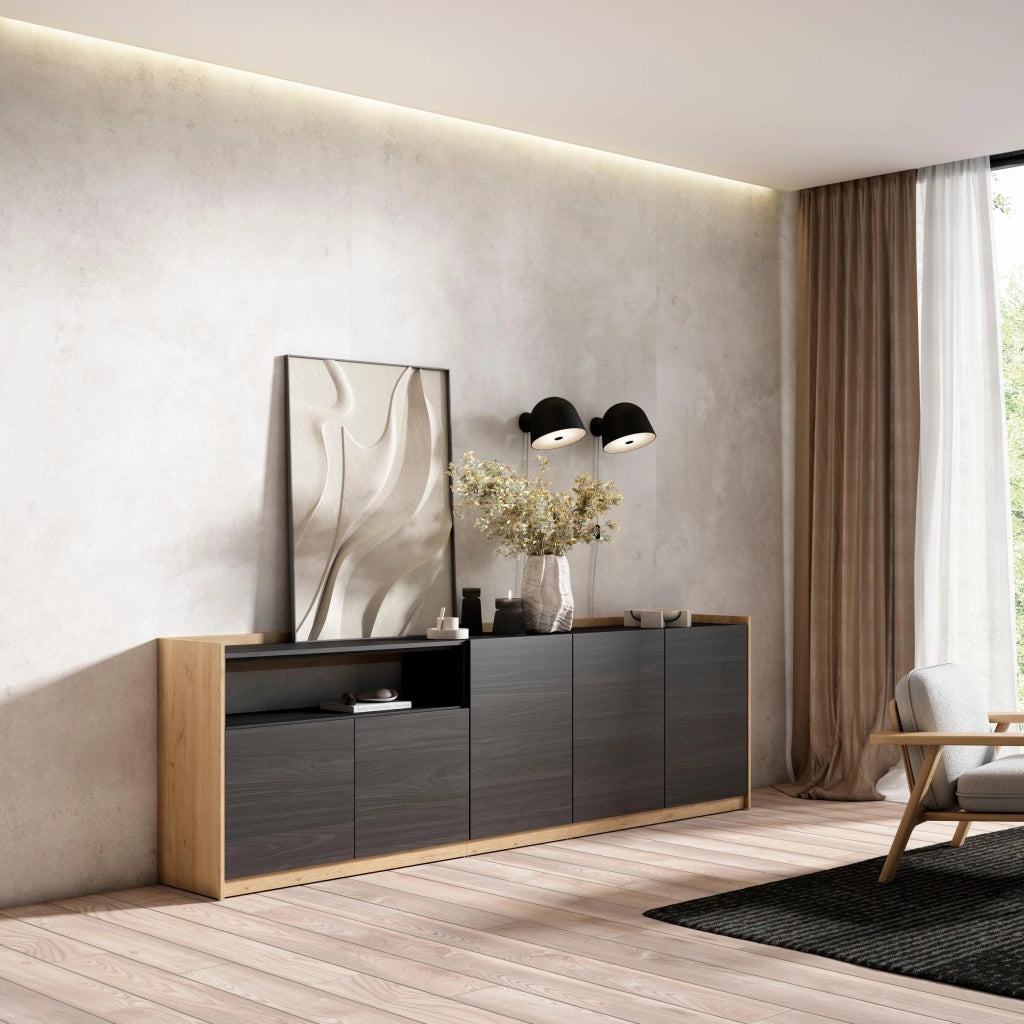 Credenza, Mobile, Cucina, 260x80x37 cm, 5 Porte, grande stoccaggio, Nero e rovere