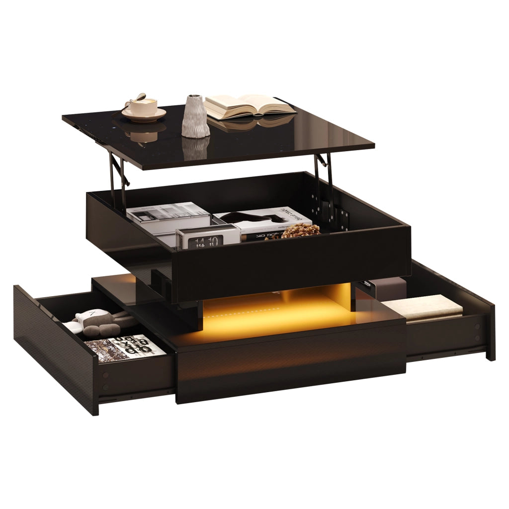 Tavolino da caffè alzabile con 2 Cassetti; Vano Nascosto e LED per Soggiorno; in Truciolare; 65 × 65 × 38.5 cm; Nero
