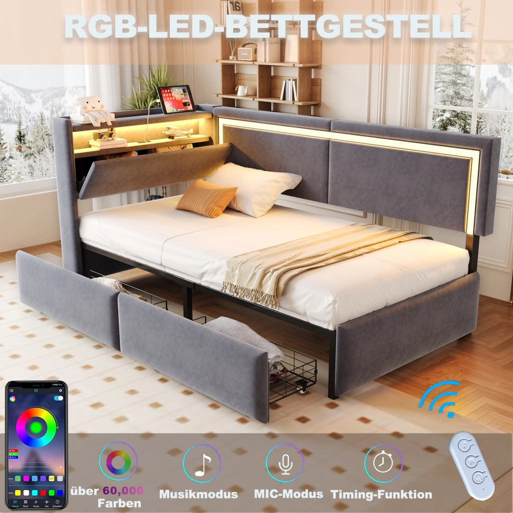 Letto contenitore singolo 90×200 cm con LED; USB; testiera con ripiani e cassetti; senza materasso; velluto; grigio