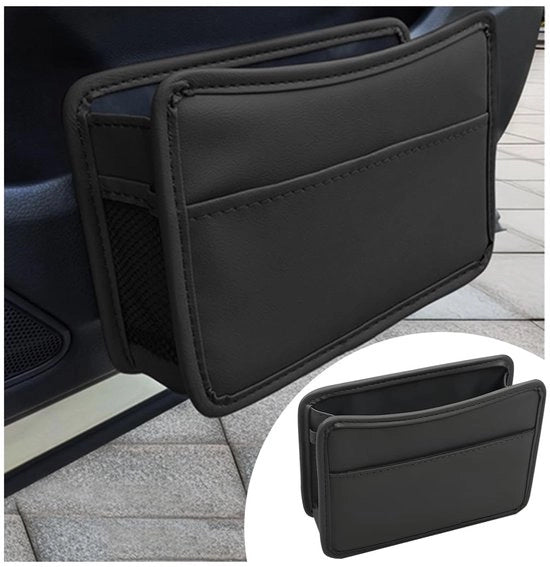 Mandino per auto in pelle nera, opacos, multifunzionale e modulare, con portafoglio, telefono, chiavi e gadget, con chiusura a zip e maniglia.