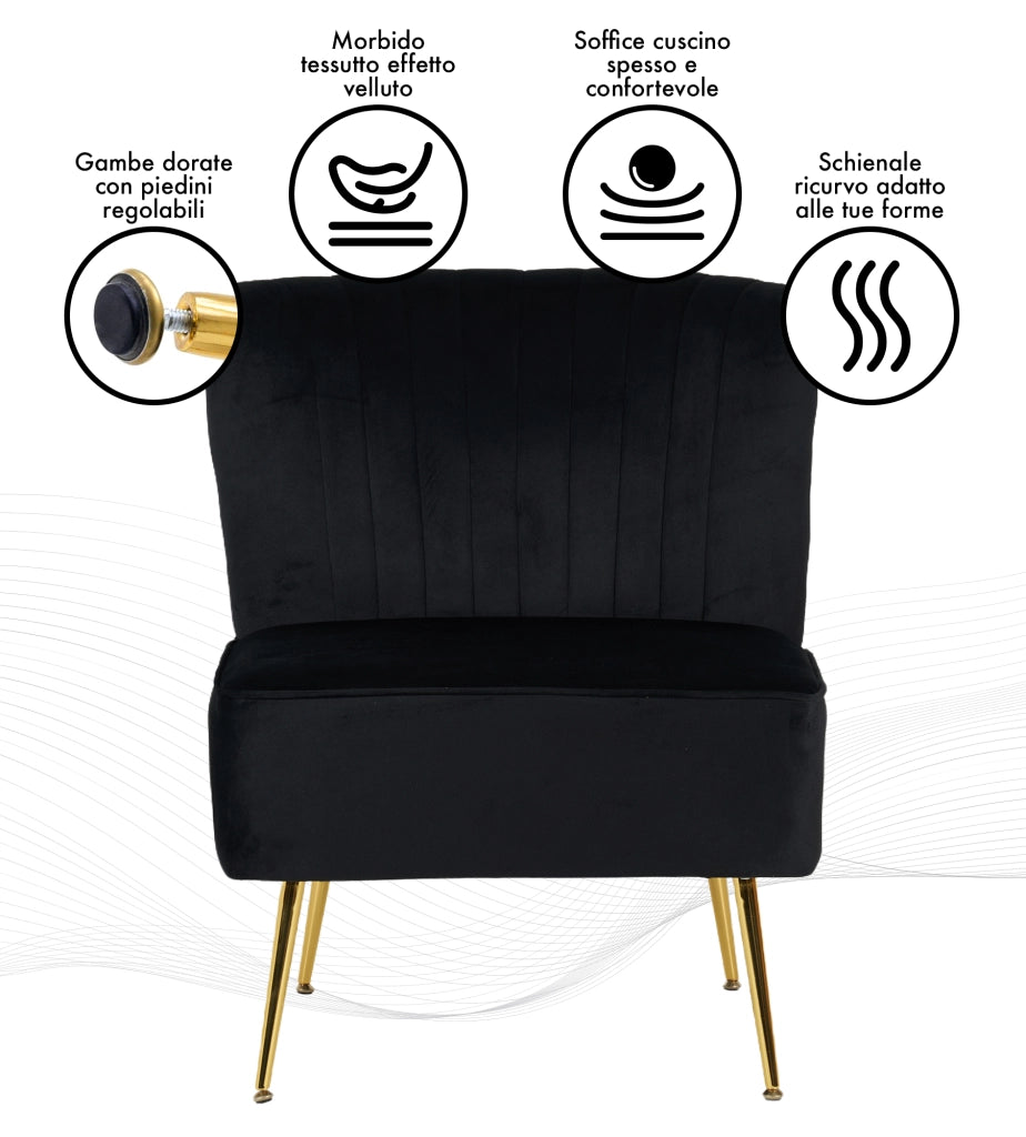 Poltrona Moderna Stile Scandinavo Comoda Rivestita In Velluto Poltroncina Da Camera Con Gambe Oro Sedia Per Ingresso Ufficio Casa Lavoro Divano Singolo Relax  - Nero