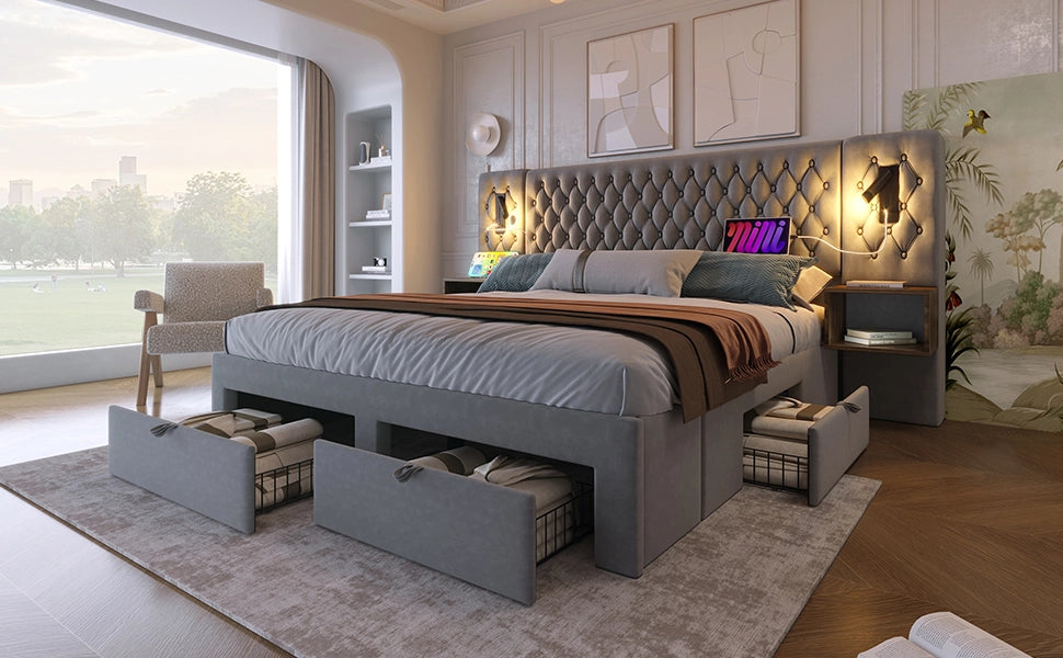 DESMIU Letto Matrimoniale 160 × 200 cm con 2 comodini, 4 cassetti, luci lettura, USB e Type-C, senza materasso, velluto grigio